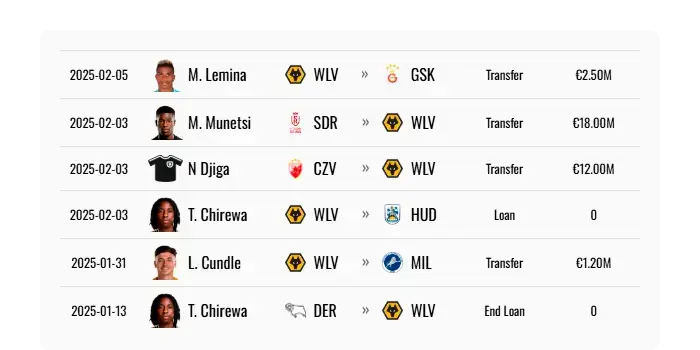 Wolverhampton Wanderers - Transfers widget