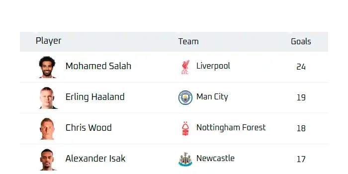 Top goalers premier league widget