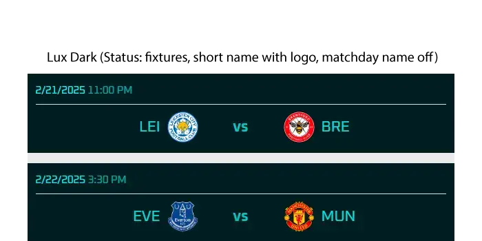 Dark style EPL matches Sports widget