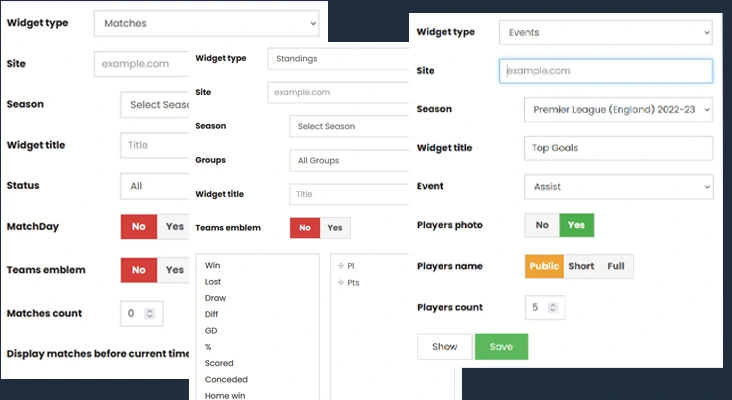 Football widgets configuration